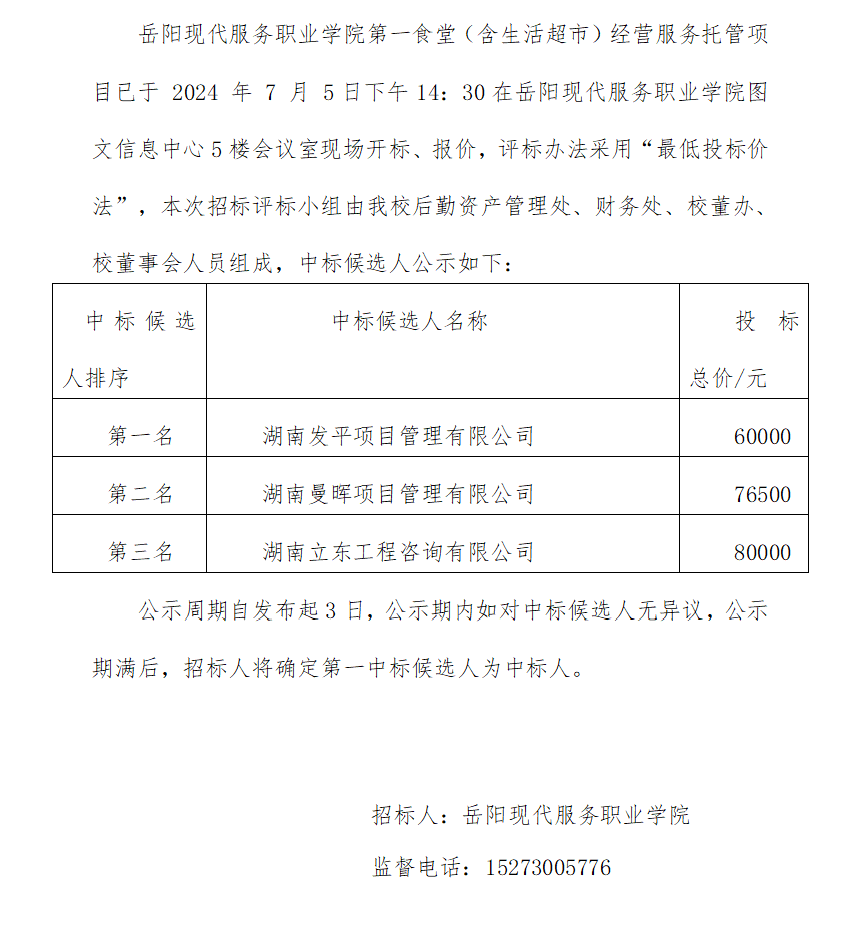 岳阳现代服务职业学院第一食堂（含生活超市）经营服务托管项目选定招标代理公司中标候选人公示