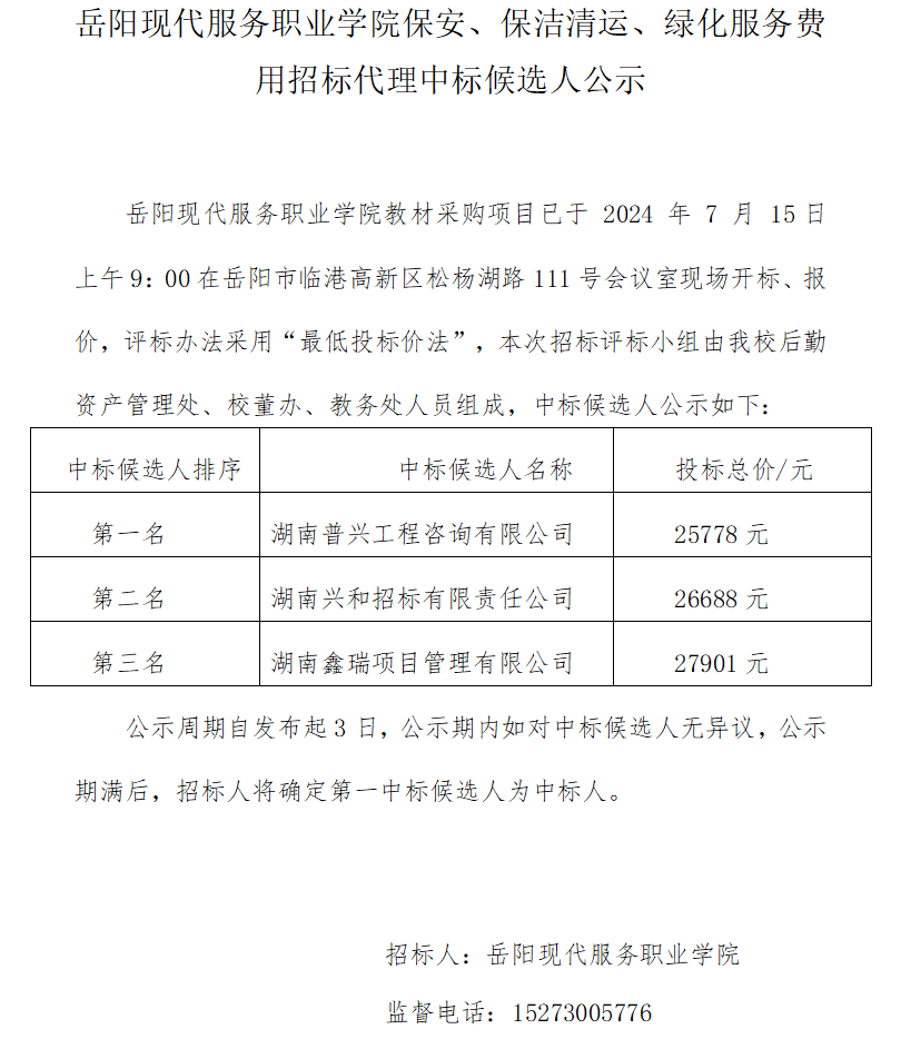 岳阳现代服务职业学院保安、保洁清运、绿化服务费用招标代理中标候选人公示