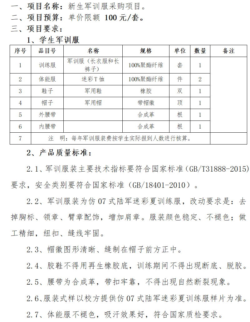 岳阳现代服务职业学院新生军训服采购需求